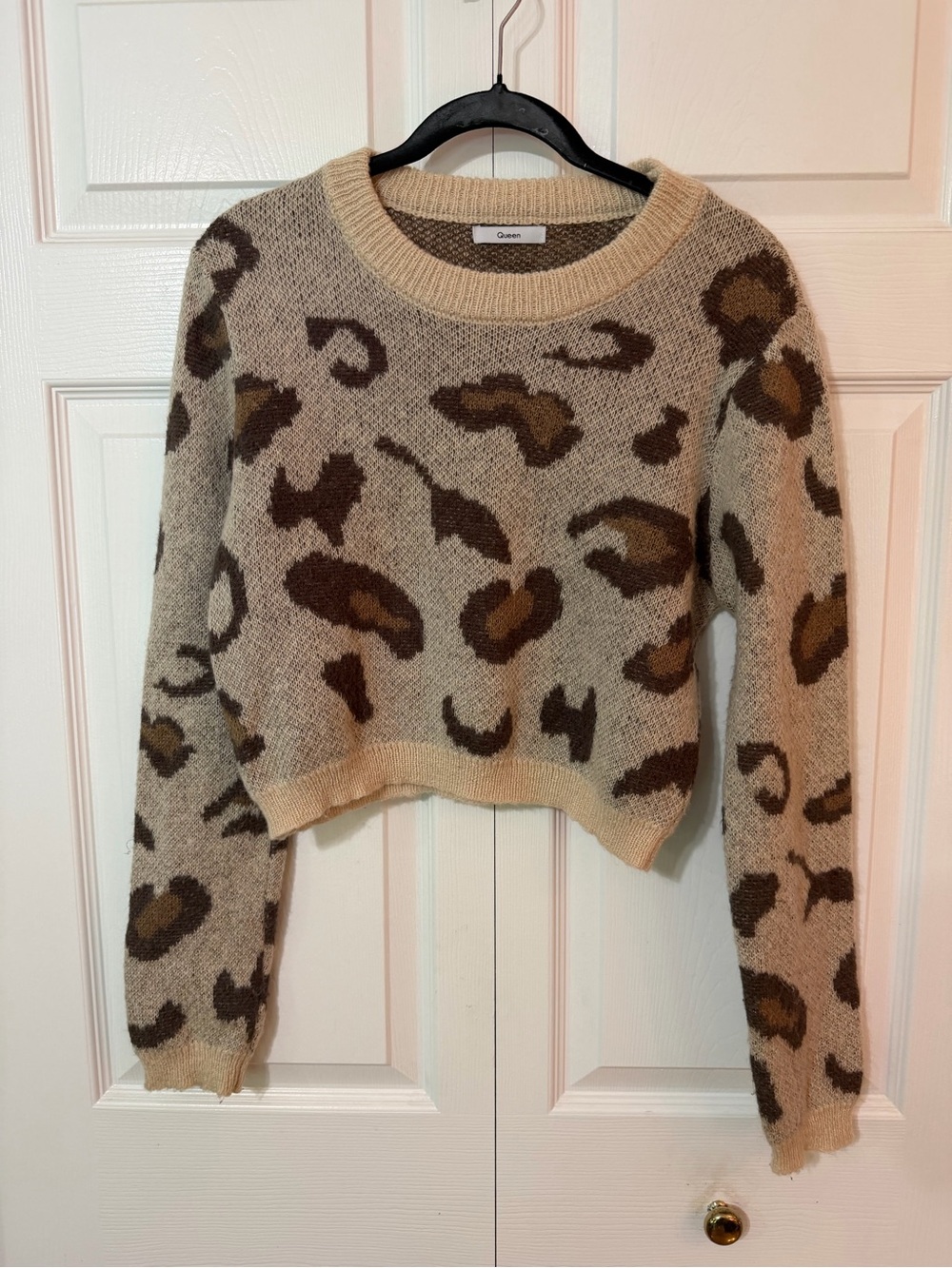 Leopard-Print Cropped Crewneck Sweater in Beige